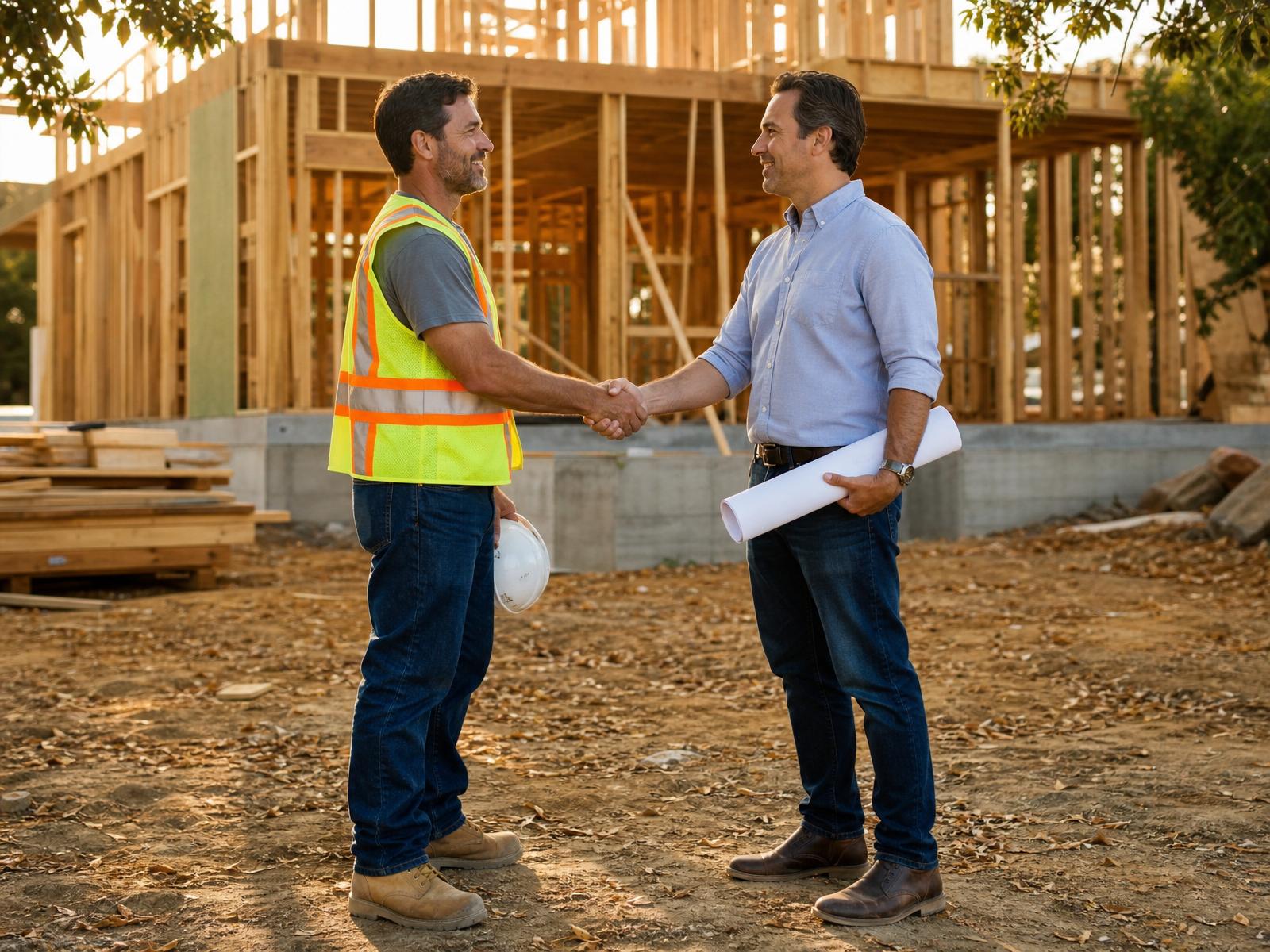 Trades contractor in hi-vis vest shaking hands with a builder holding blueprints on a residential construction jobsite